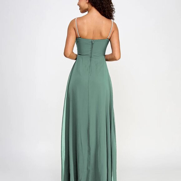 City Studio Juniors Drape-Neck Faux-Pearl-Strap Gown Vintage Sage Size 13/14 - Picture 2 of 3